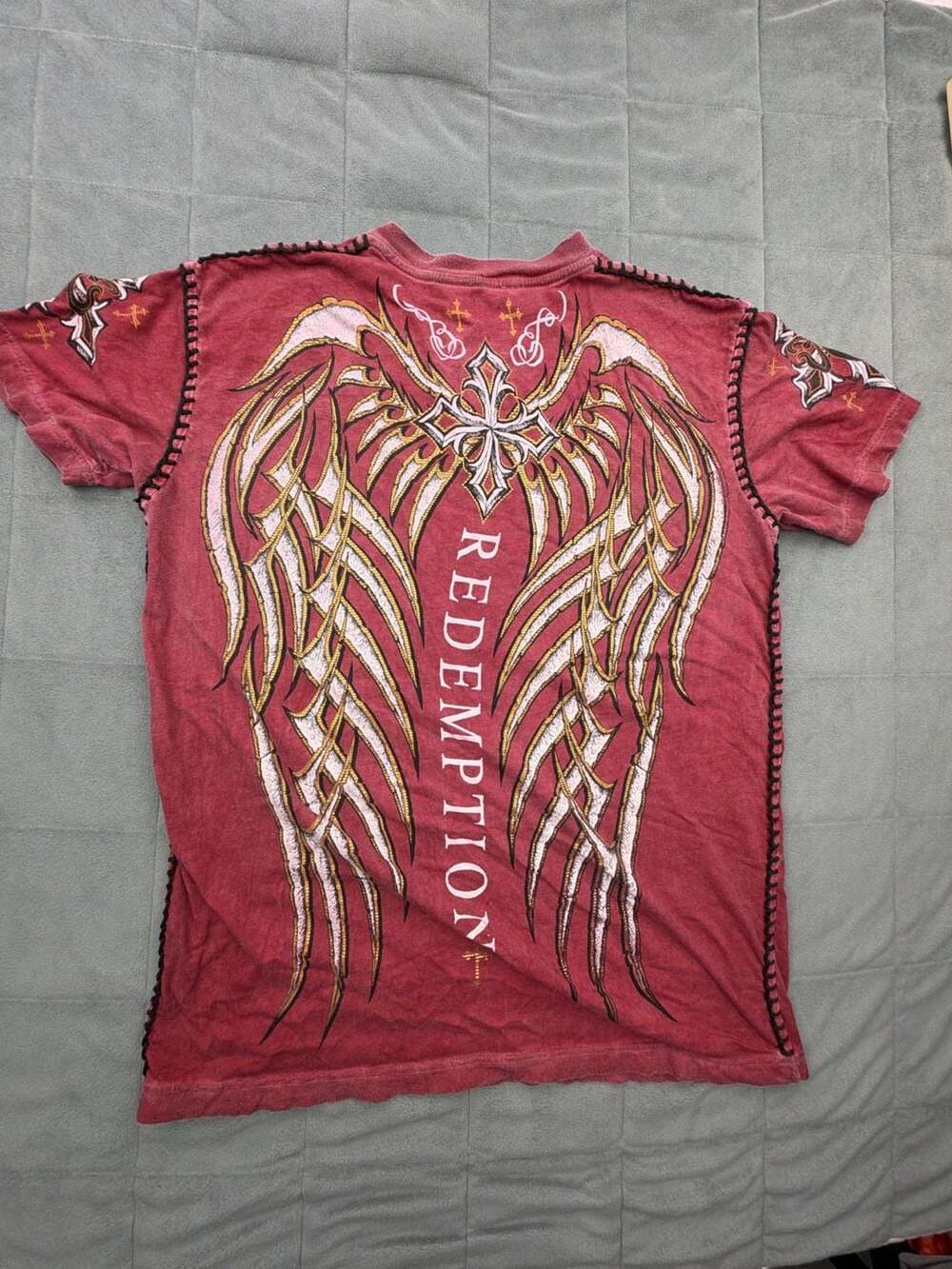 Raw State T-Shirt Size L Red Cross Wings Redemption Y2K Grunge Affliction